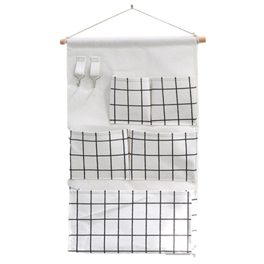 5 Pockets Cotton Linen Fabric Wall Door Hanging Bag Organizer Storage Pouches Wardrobe Closet Storage Bag Sundries Pouches: White grid
