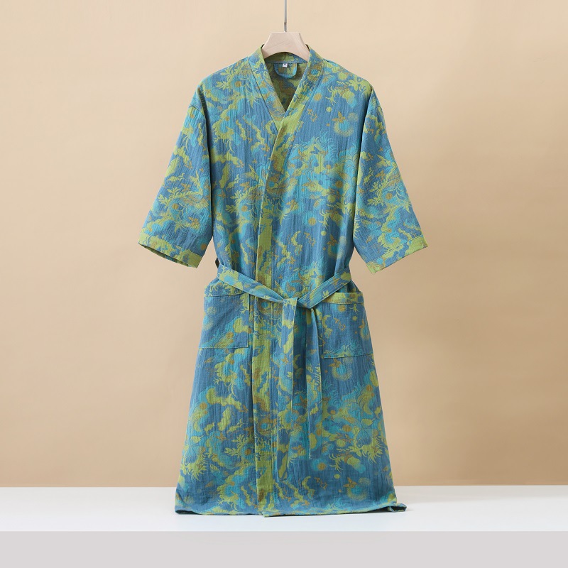 Modisch bedruckter Kimono-Bademantel aus Baumwolle mit halben Ärmeln für den Frühling und den Sommer: M / Himmel Blau
