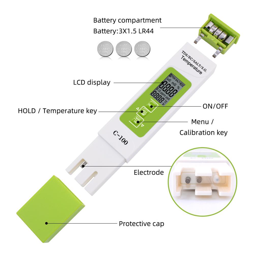 Portable Digital Water Monitor 5in1Water Meter Measuring WaterQuality Purity Tester SwimmingPool Drinking Water Aquarium