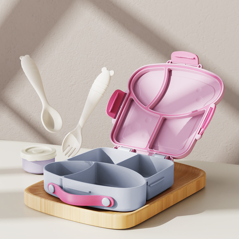 Uroczy plastikowy pojemnik na obiad z przegródkami, kreskówkowy pojemnik na jedzenie z pokrywkami, przenośny lunchbox bento dla uczniów i pracowników biurowych.: Czerwony