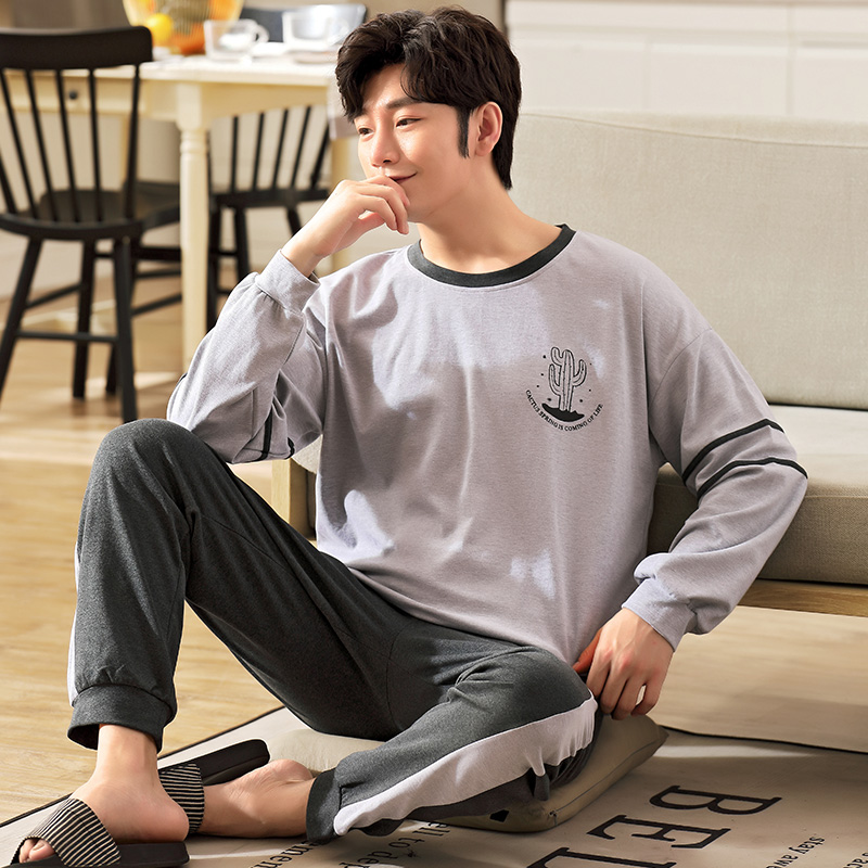 Outono cactus padrão conjuntos de pijamas masculinos manga longa topos calças compridas algodão puro completo homewear casual primavera sleepwear define L-4XL