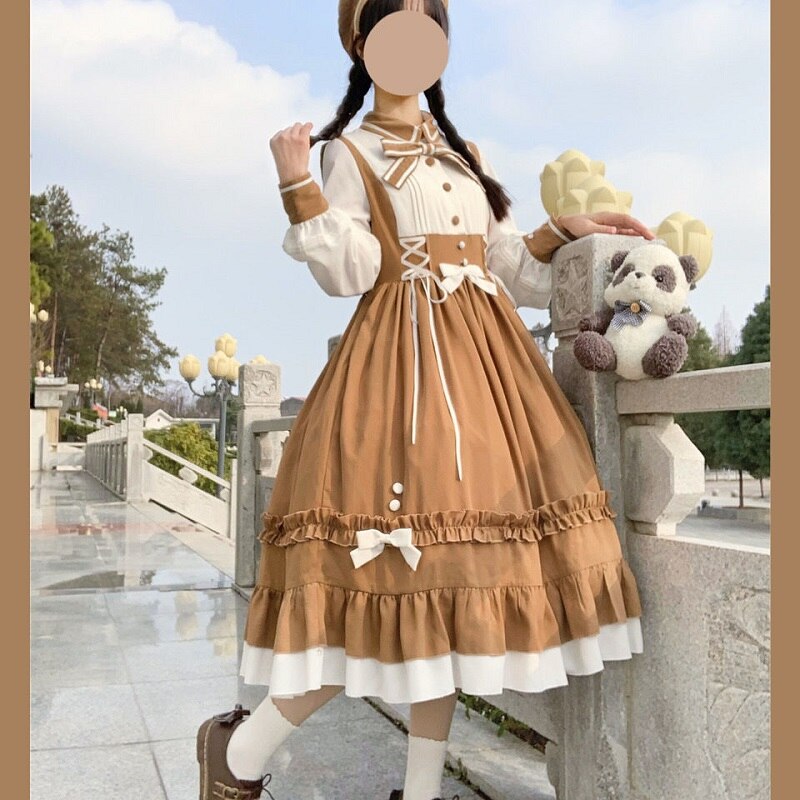 Vestido de de princesa, Harajuku japonés agradable arco, volantes, manga larga