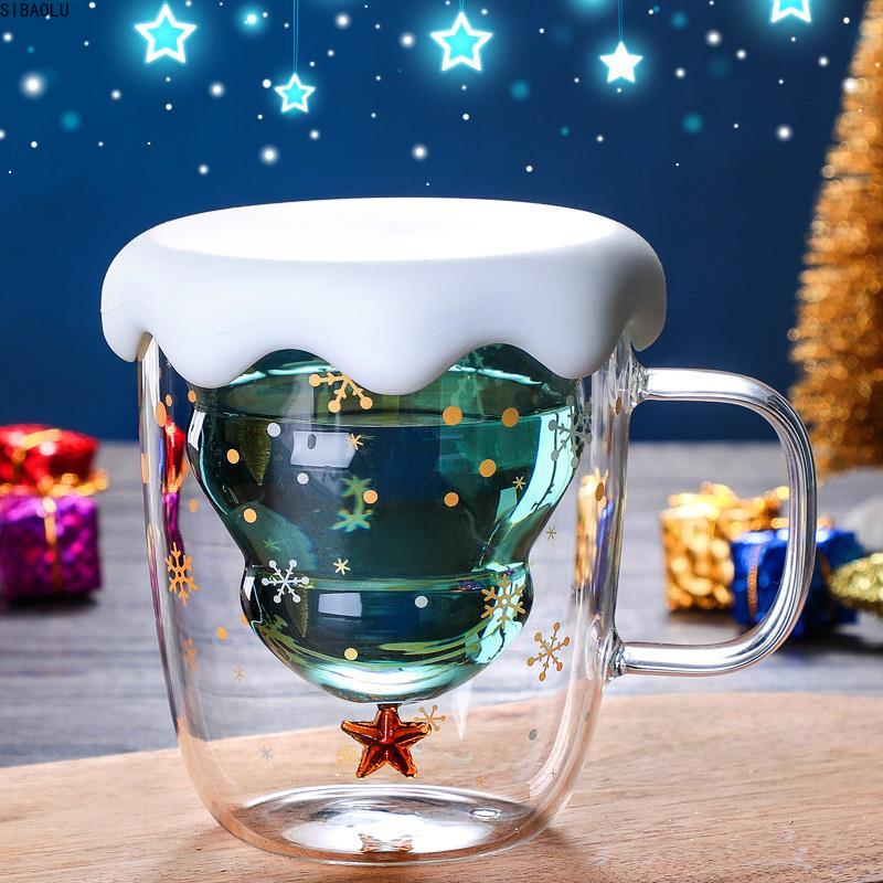Schattige kerstboommok, dubbelwandige glazen koffiekopjes met siliconen deksel, sneeuwvlokster, kerstwijn, thee, melk, water, beker
