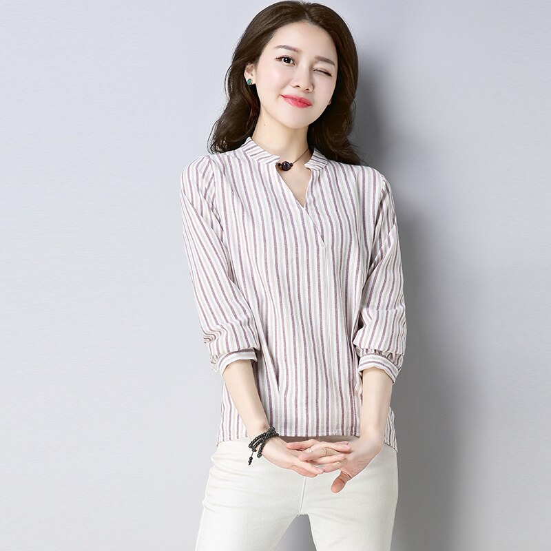 Nueva camisa de manga larga a rayas para oficina para mujer, blusa a la con cuello en V, blusas para mujer, ropa de algodón y lino D813 30