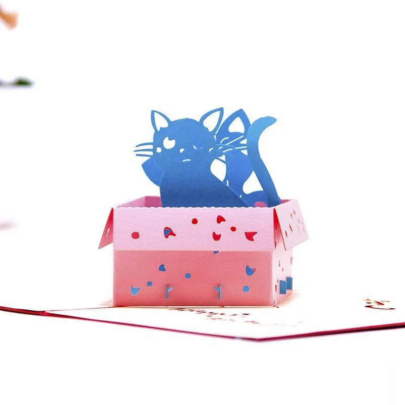 Children&#39;s Handmade Birthday Cards 3D Three-dimensional Friends Wishes Cards Cards Little Girls and Cats