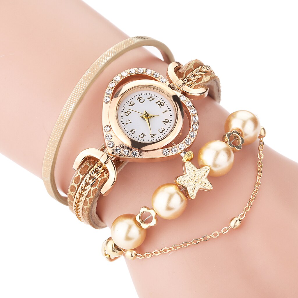 Dame armbåndsure med perlevedhæng luksus dame læder quartz rhinestone armbåndsure ur zegarek damski: Beige