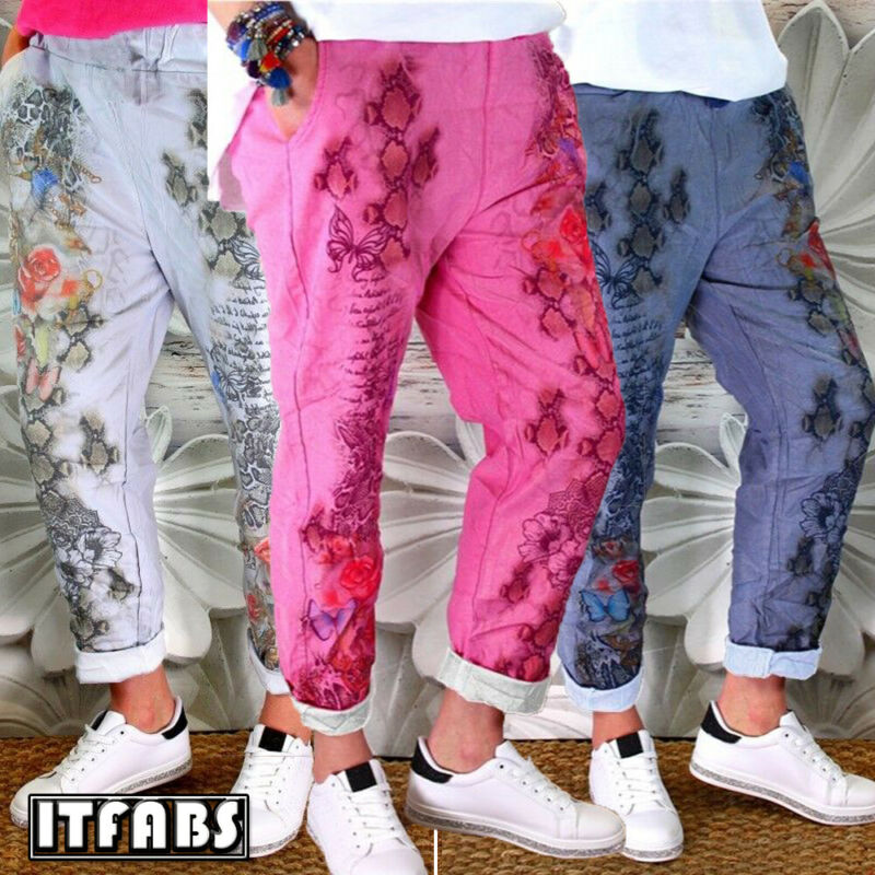 Women Elastic Floral Waist Pencil Stretch Skinny Drawstring Jeans Pants Trousers