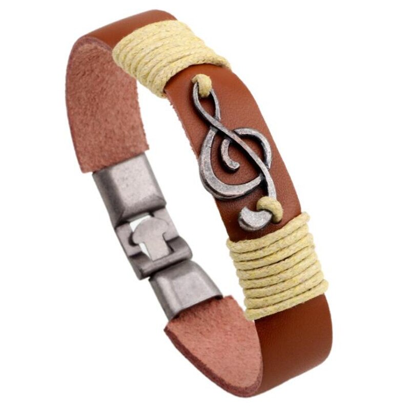 Style européen américain Note de musique rétro Bracelet Bracelet en cuir pour hommes et femmes exquis bijoux: Brown