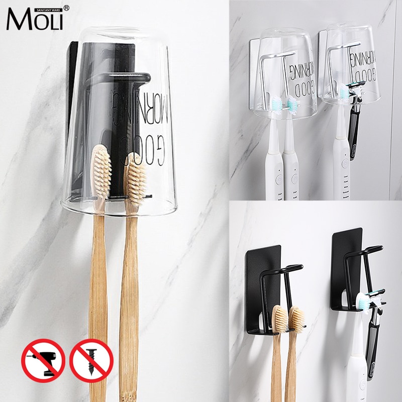 Selvklæbende stansefri bægerholder sort tandbørsteholder badeværelse tilbehør metal vægholder  ml7002