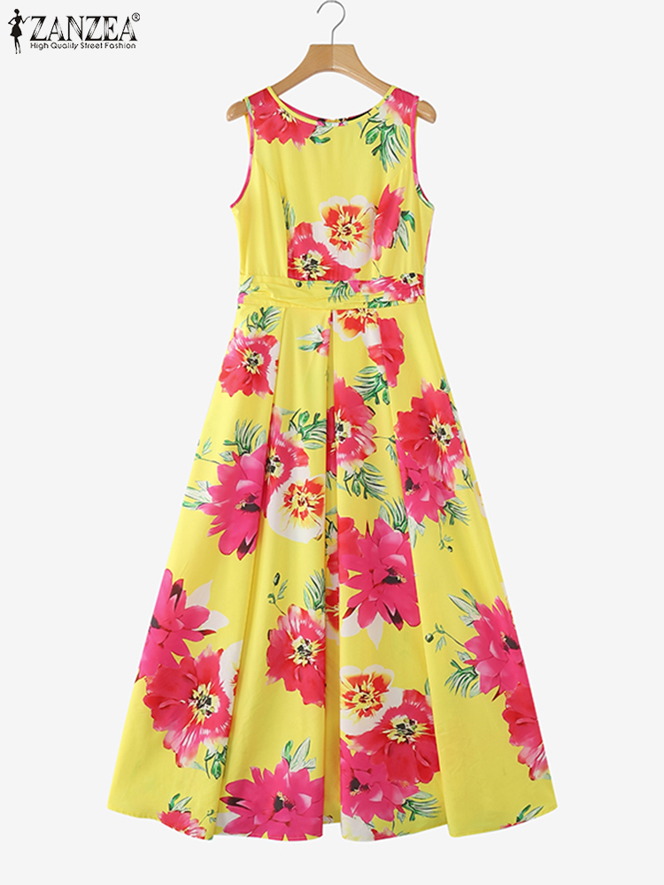 ZANZEA Frauen Bohemian Kleid Floral Bedruckte Tank Sommerkleid 2025, Sommer Ärmellose Taille Robe Casual Party Maxi Kleider