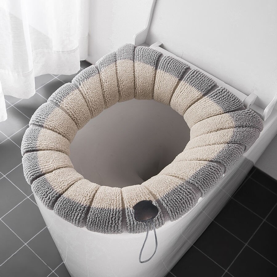 Winter Warm Toilet Seat Cover Closestool Mat 1Pcs Washable Bathroom Accessories Knitting Pure Color Soft O-shape Pad Bidet Cover: Khaki - Gray