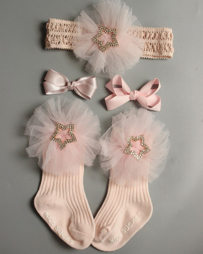 Neugeborenen-mädchen-socken + haarband-einstellen, prinzessinnen-krippensocken mit spitze und blumenmuster, baumwollsocken, haarspangen, prinzessin für kleinkinder, 0-2t stück