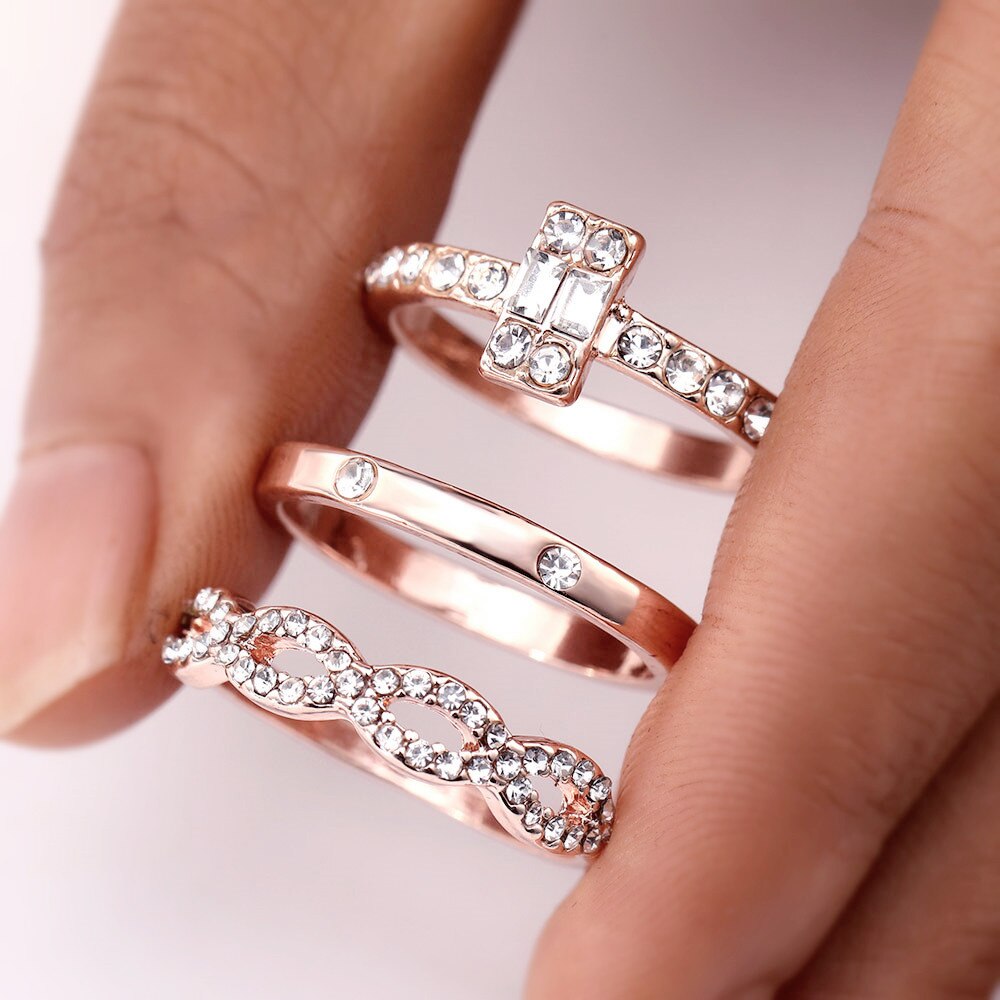 Ensemble de 3 bagues infinies en cristal doré pour femme, bijoux de fiançailles et de mariage