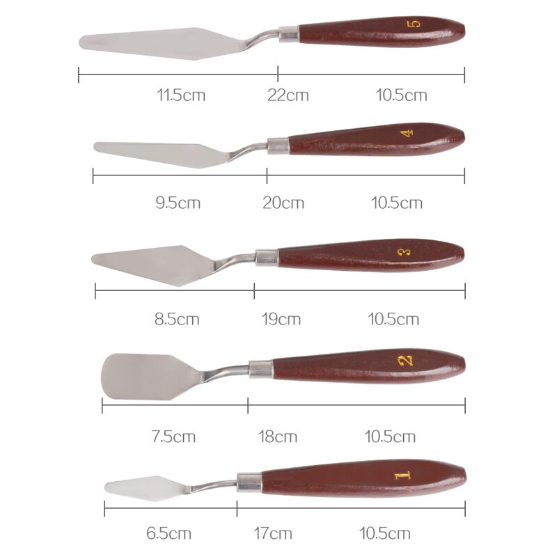 Juego de espátulas de acero inoxidable para pintura al óleo, suministros de Gouache para cuchillos, Kit de herramientas de pintura de Bellas Artes, GK99, 5 unids/set por juego