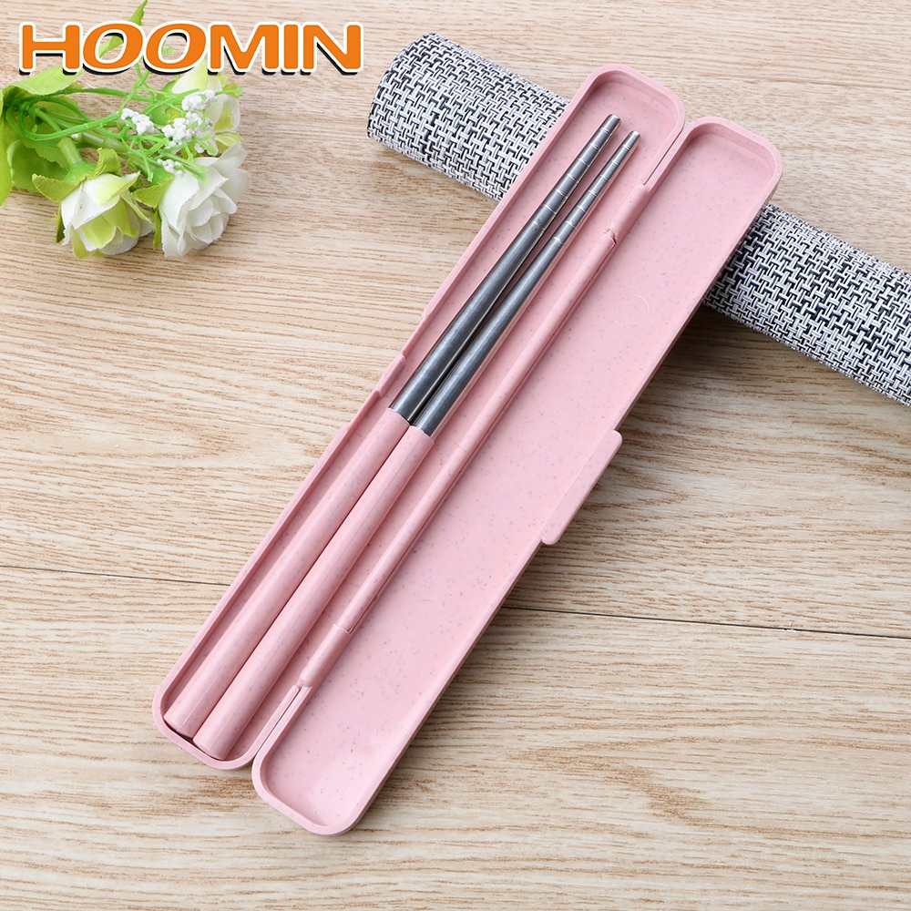 HOOMIN 1 Pair Food Sticks Chinese Chopsticks Wheat Straw 304 Stainless Steel Portable Travel Chopsticks with Storage Box