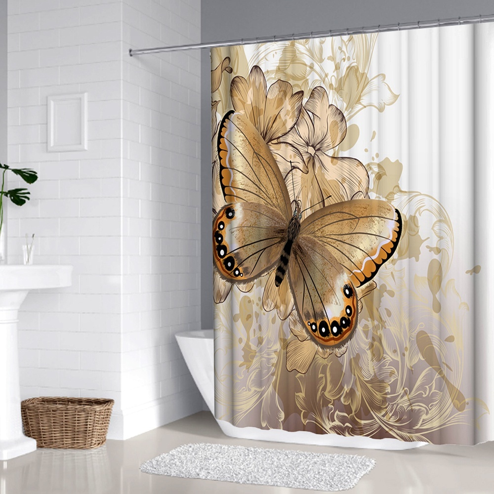 Golden Blue Butterfly Flower Polyester Waterproof Shower Curtain Bathroom Curtains Set Non-Slip Rug Toilet Lid Cover Floor Mats