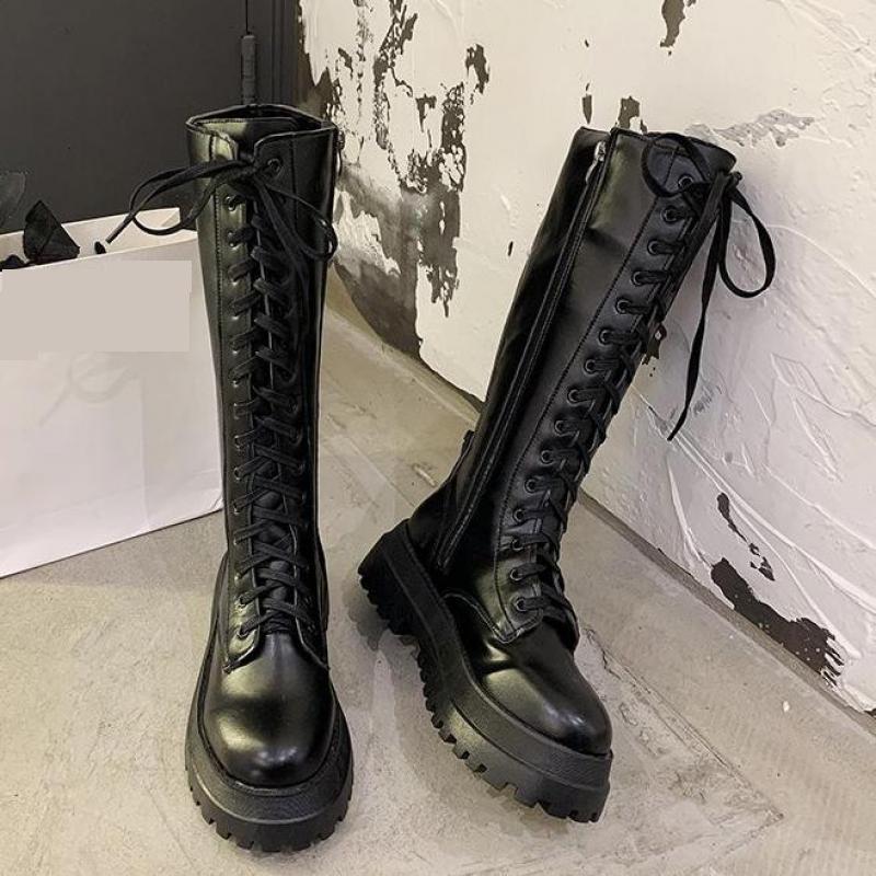 Plate-forme trapue en cuir Pu genou bottes hautes femmes Punk augmentant longue femme à lacets chaussons Mujer fermeture éclair Chelsea