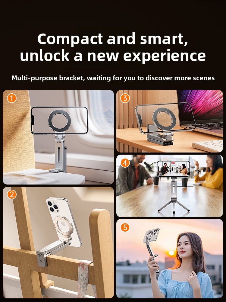 Hopfällbar magnetisk telefonstativhållare bärbar resestativ för iphone och android handsfree-videoinspelning på skrivbord/flygplan/tåg