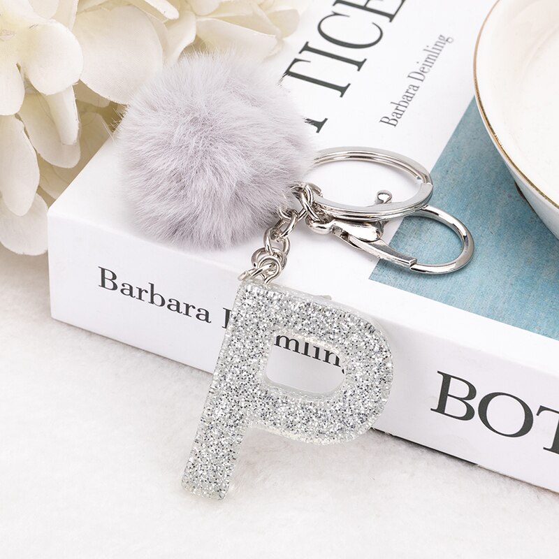 1 PC Sleutelhanger Zilver Kleur Engels Brief Sleutelhanger met Puffer Bal 26 Engels woord Glitter Hars A TOT Q Handtas bedels voor Vrouw: Lichtblauw
