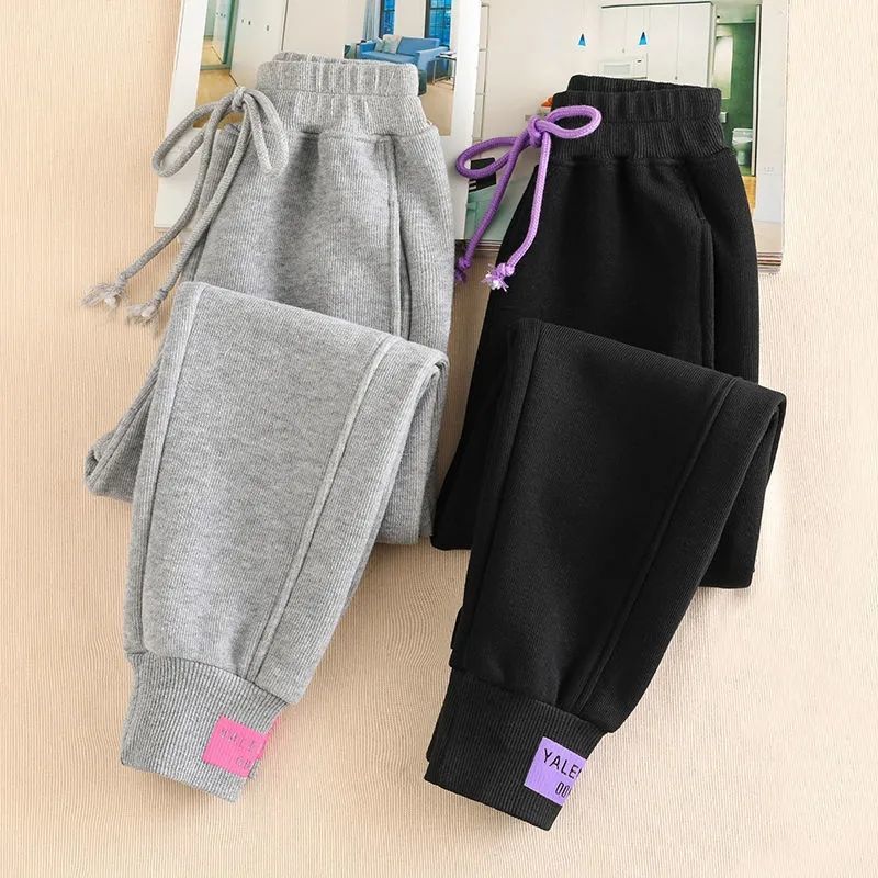 Nuevos pantalones de chándal grises para mujer, ropa de calle holgada de otoño e invierno, pantalones deportivos de gran tamaño, pantalones gruesos negros de invierno, pantalones de calle