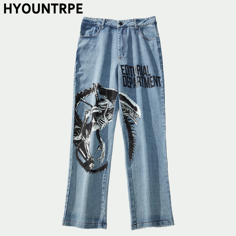 Herreprintede denim jeans efterår high street afslappet løs lige lynlås jean jogger hip hop streetwear bukser jeans