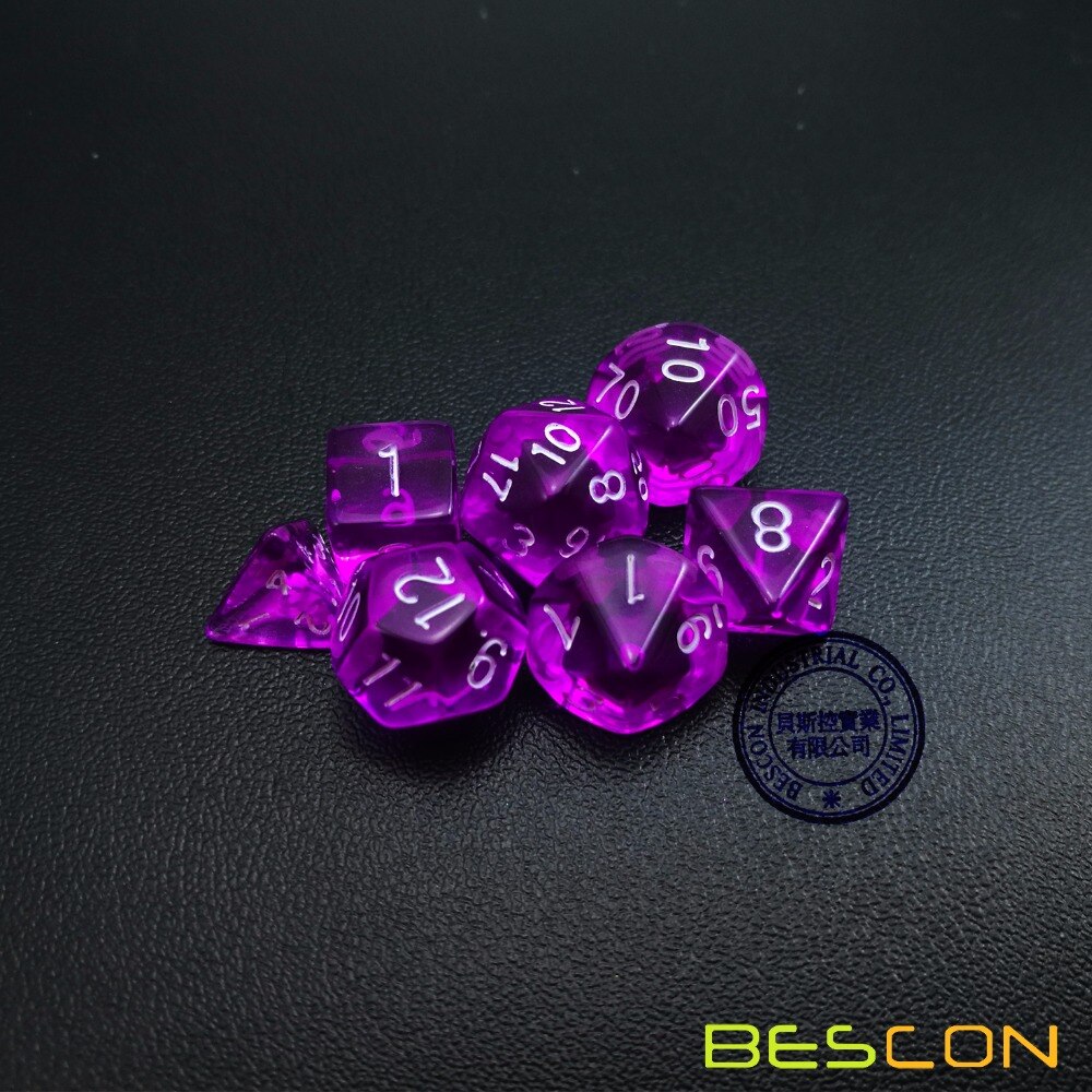 Bescon mini gennemskinnelig polyhedral rpg terningssæt 10mm,  lille rpg rollespil terning sæt  d4-d20 in rør, gennemsigtig lilla