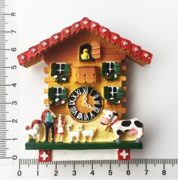 Håndlavet malet schweiz klokke ko gøg ur 3d køleskab magneter turisme souvenirs køleskab magnetiske klistermærker: 002