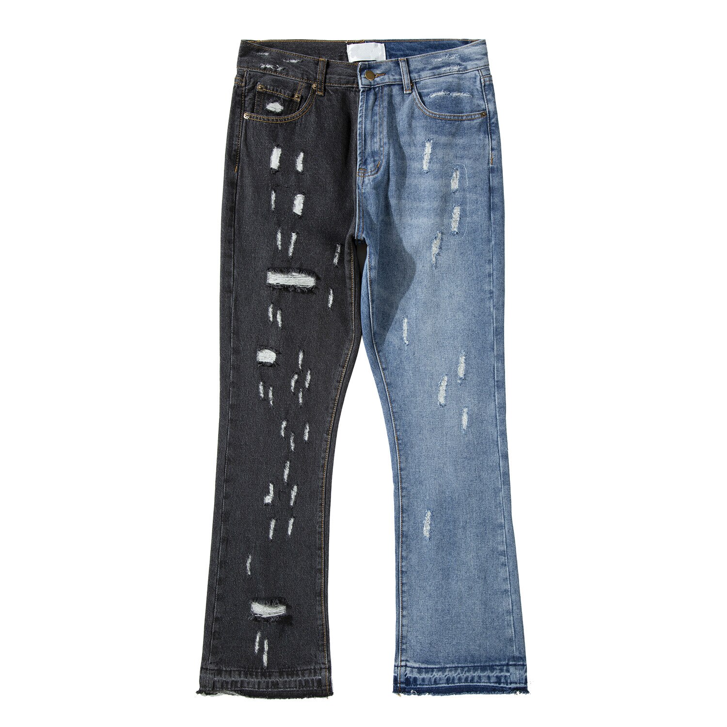Hommes Denim Flare pantalon Patchwork déchiré trous pantalons décontractés automne hiver Streetwear Hip Hop pantalons longs Joggers jean: Black / 30