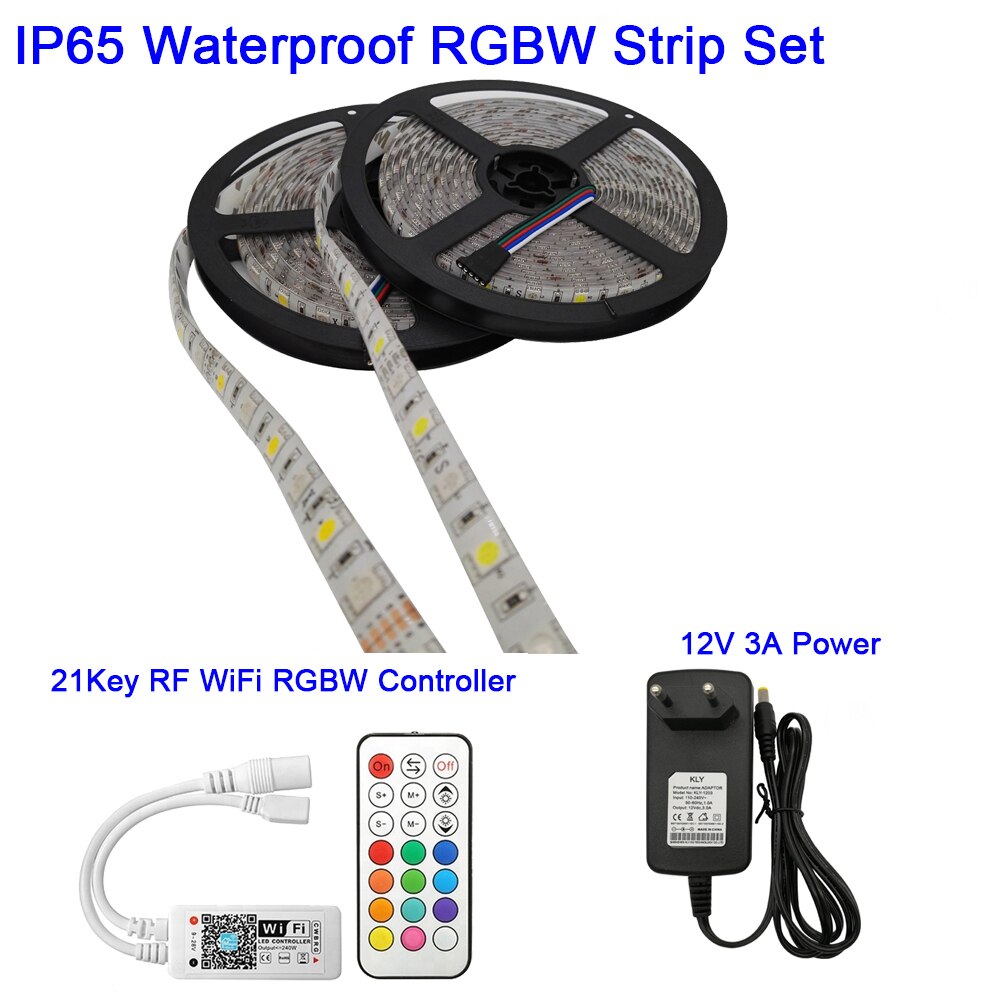 12V 5050 Rgbw Rgbww Led Strip 60Leds/M 5M Met Mini 21Key Rf Wifi Afstandsbediening alexa Google Voice Control + Voeding: White PCB IP65 Set / RGB White