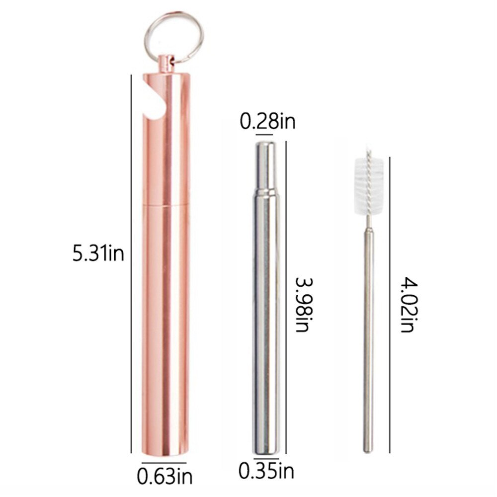 Portable Stainless Steel Telescopic Drinking Straw Set Metal Straw Reusable Travel Keychain Straw with Case Bottle Opener: Rose Gold