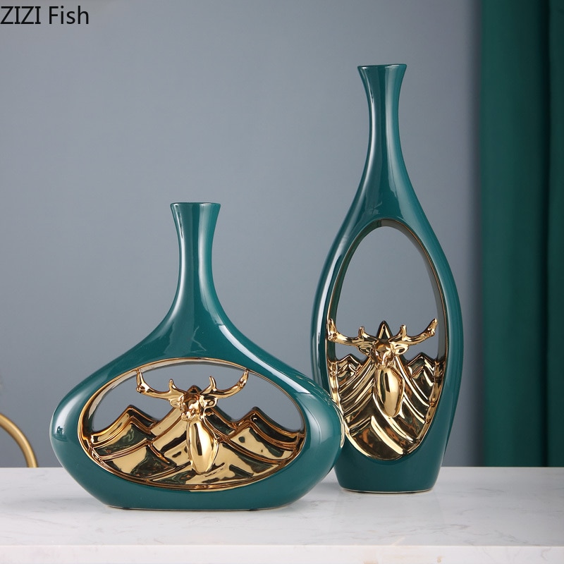 Vase en céramique nordique décoratif tête de cerf Vase doré Arrangement de fleurs florales creux porcelaine fleurs insérer décor à la maison moderne