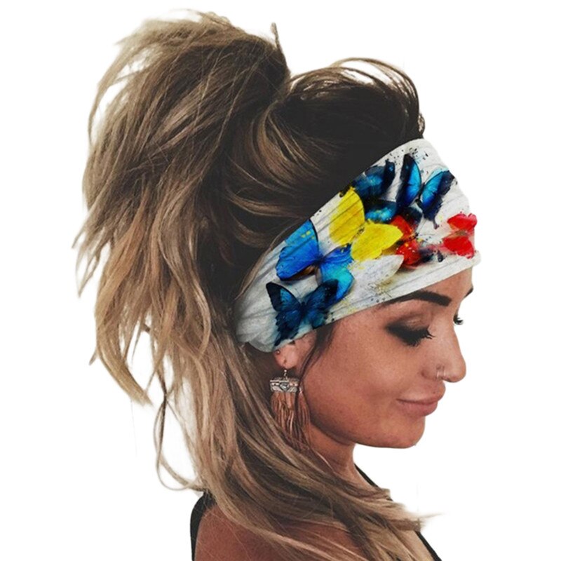 Pañuelo para correr al aire libre, cinta ancha para el pelo deportiva elástica para mujer, cinta para el pelo informal para Fitness, accesorios de ropa, diadema de ocio: White-butterfly B