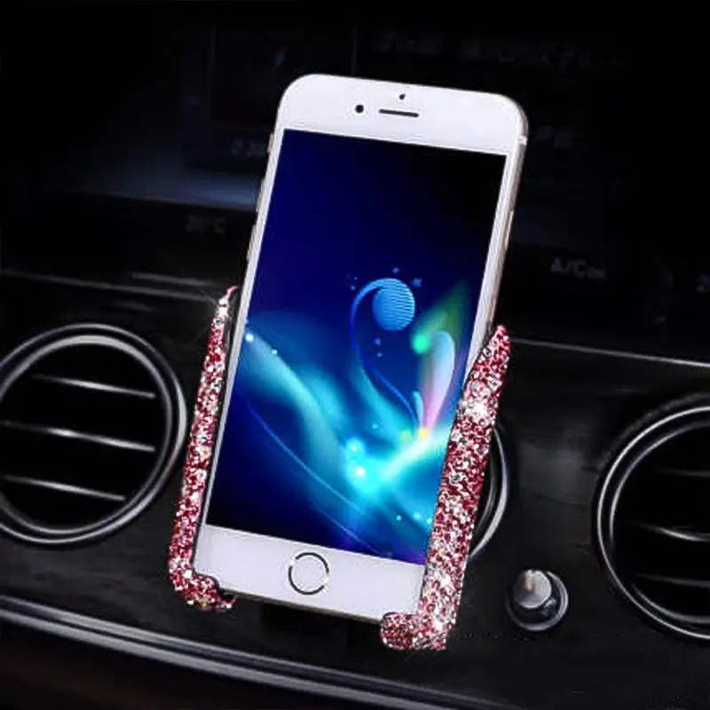 Diamond Crystal Car Phone Holder in Auto Stand Cellphone Bracket Holder for Phone Auto Stuff Bling Car Accessories for Women: Pink