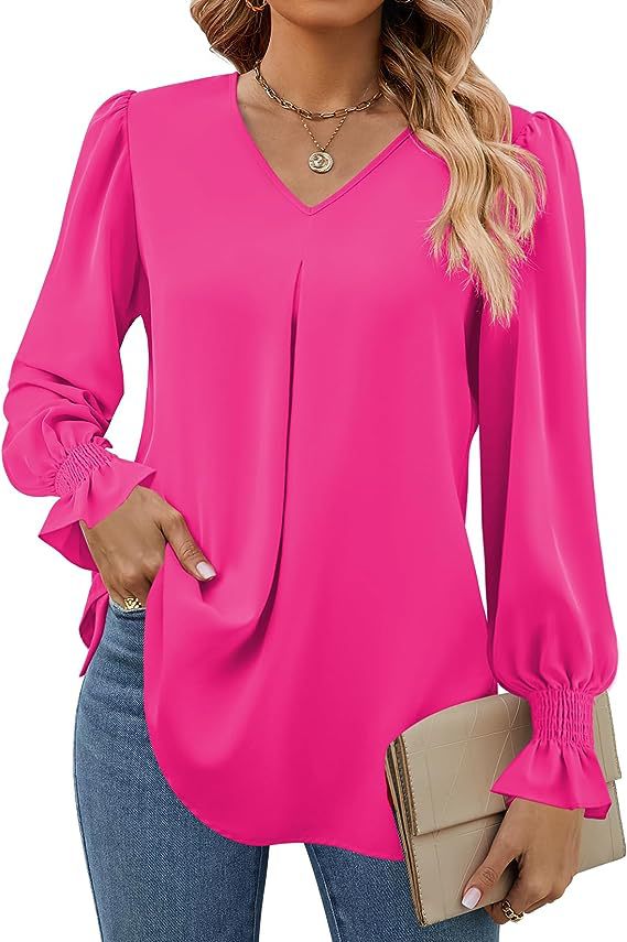 Solid Color Women's Shirt Autumn Item Solid Color Chiffon Shirt V-neck Pullover Trumpet Long Sleeved Top Blouse: XL / Rose Red