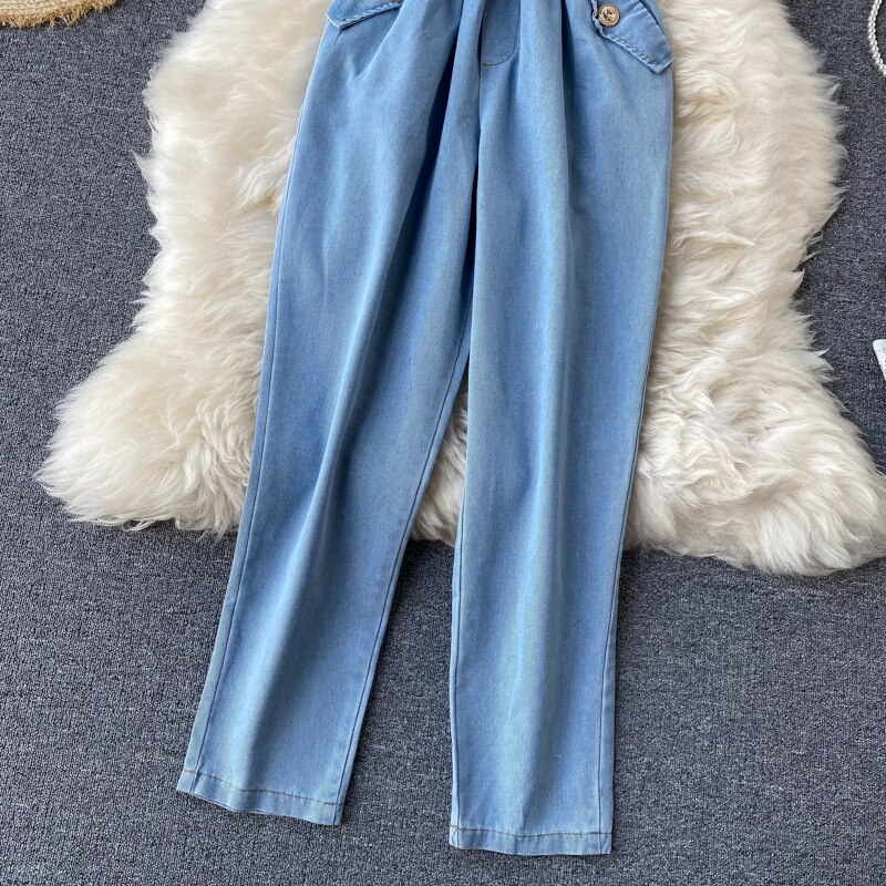 Combinaison Jean bleu uni pour femme, col en v, manches chauve-souris, taille élastique, tunique Jean, salopette décontracté