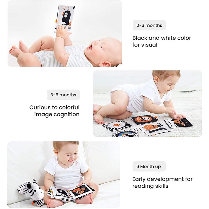 Baby Toys Set Black and White Tummy Time Mirror Plush Rattles Rings Soft Cloth Book Stroller Hanging Toys for 0-12Months