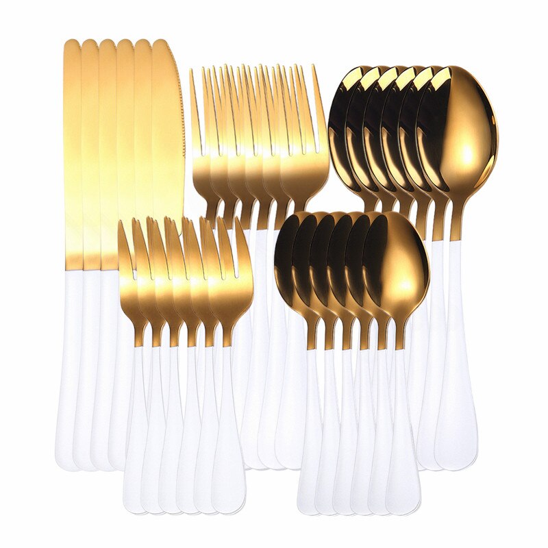 Gold Cutlery Set Stainless Steel Cutlery Set Golden 30Pcs Full Tableware Fork Spoon Knife Western Dinnerware Set Complete: white gold