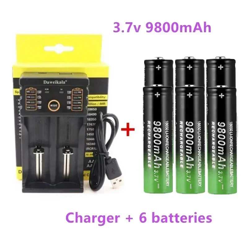 New18650 Battery 9800mAh 3.7V 18650 Li-ion batteries Rechargeable Battery For Flashlight Torch +Charger: Red