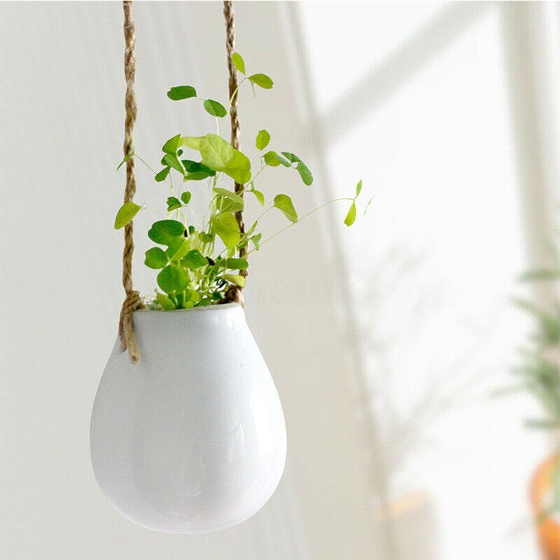 Maceta para flor colgante de cerámica, Bombilla para planta, jarrón con hilo para jardín, balcón, decoración del hogar con cuerda de yute