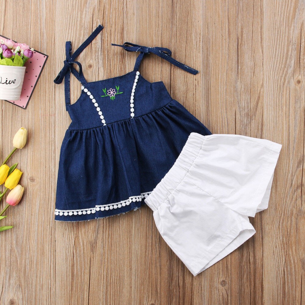 Merk peuter baby kinderen babymeisje bandjes denim tops prinsessenjurk shorts outfits 2 stuks sets casual zomer zonnepak 1-6t: 18m