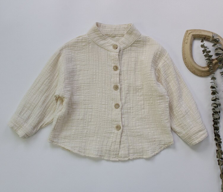 Höst baby pojkar bomull linne skjortor ren färg koreansk stil ståkrage små barn barn långärmade skjortor toppar: Beige / 2t