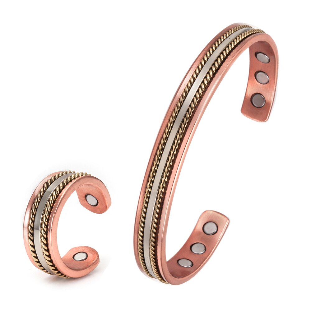 Jewelry-Set Magnetic Copper Bracelet Ring Healing Energy Jewelry Sets for Women Rose Gold Adjustable Cuff Ring Bracelets Bangles: cross