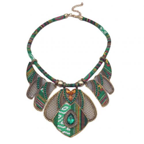 Vintage Women Rhinestone Pendant Bib Necklace Statement Tribal Jewelry: Green