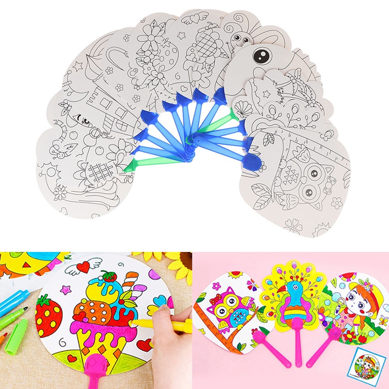 Ventilador de mano para colorear DIY, abanico de mano de dibujos animados para niños, Material de artesanía de Arte de papel para guardería, juguete de dibujo en preescolar, para niños