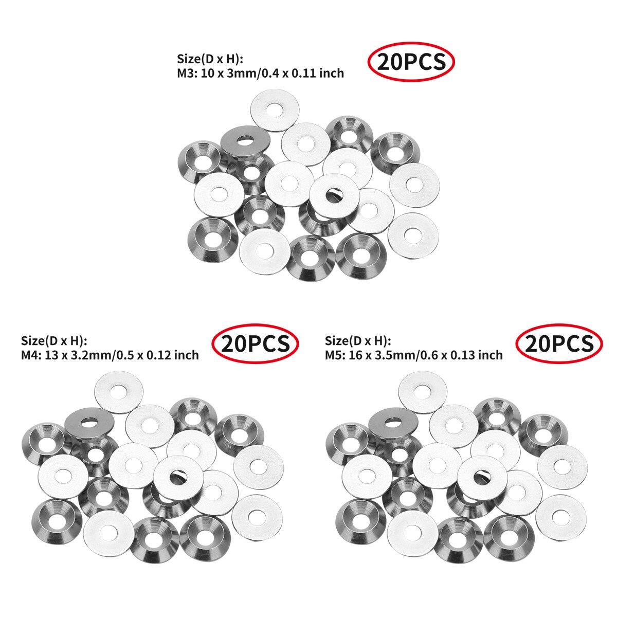 20Pcs M3/M4/M5 304 Stainless Steel Cone Cup Head Screw Gasket Conical Washer Shim Reinforcement Ring