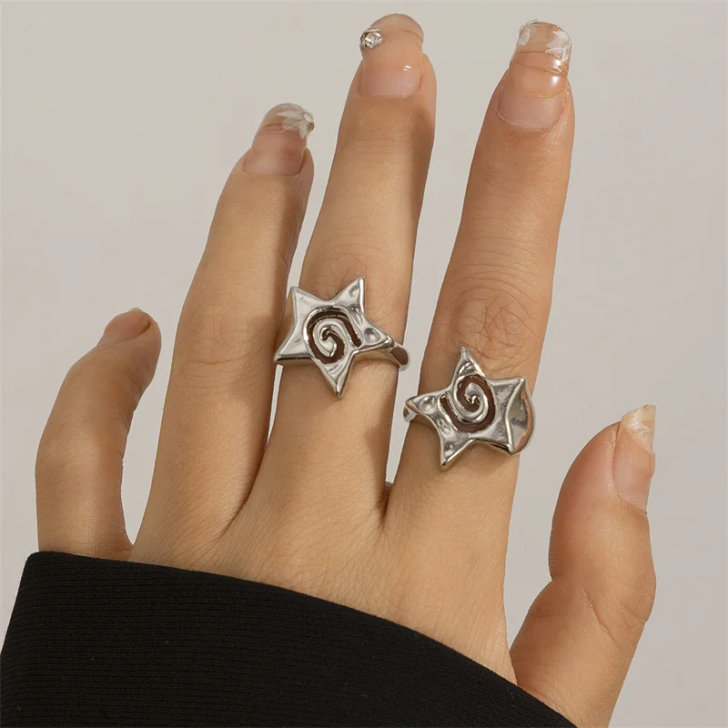 2 unids/set de anillos huecos para mujeres y hombres, Punk, estrella de cinco puntas, geométrico, Color dorado y plateado, conjuntos de anillos de joyería para nudillos: Negro