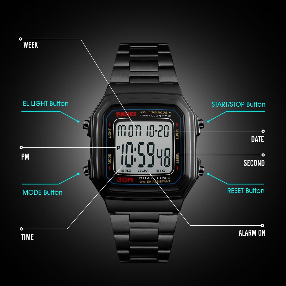 Skmei Sport Heren Horloges Digitale Horloge Countdown Waterdichte Rvs Led Horloges Relogio Masculino 1337