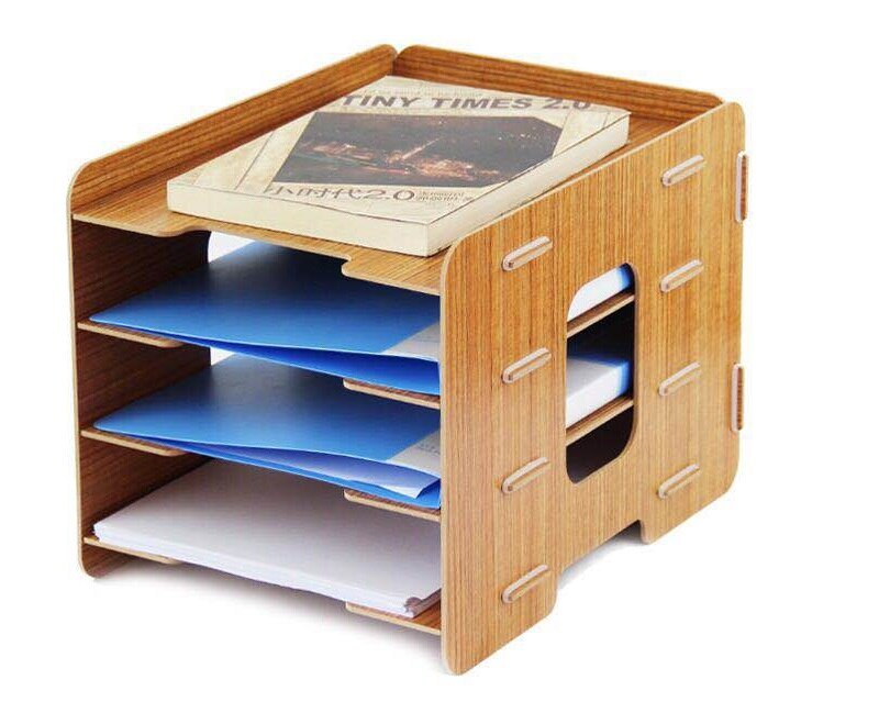 4-Tier Office Wooden File Organizer Paper Tray for File Document Letter Mail Sorter Envelope Magazine Holder, Assembly Required