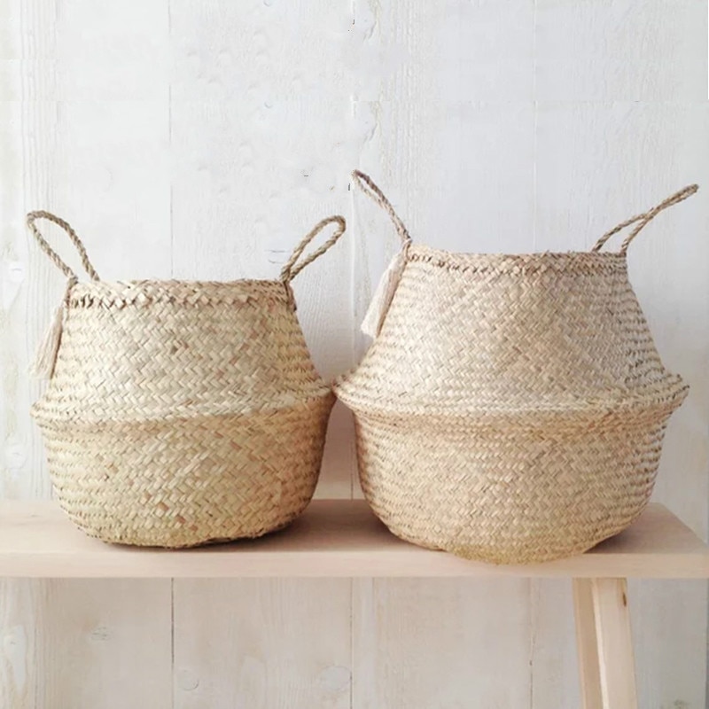Foldable Natural Seaweed Woven Storage Pot Garden Flower Vase Hanging Baskets Home Decor Planter