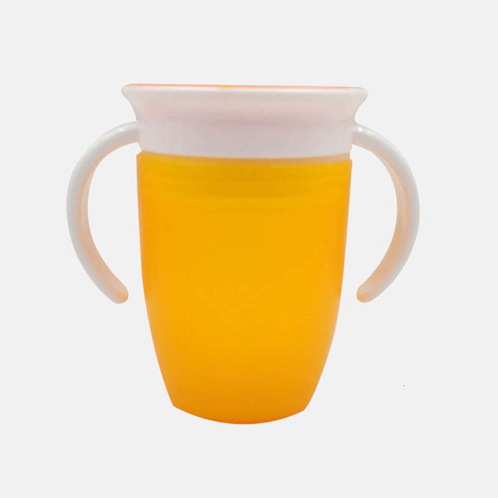Botella mágica de alimentación de agua para niños a prueba de fugas de 360 grados, botella giratoria de aprendizaje para bebé, copa de plástico para beber con tapa abatible de doble manija: Yellow